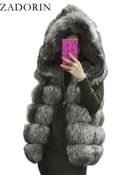 ZADORIN S-4XL Cappotto di pelliccia con cappuccio da donna Autunno Inverno Spessore caldo Gilet di pelliccia di volpe argento finto Donna Cardigan di moda Cappa di alta qualità