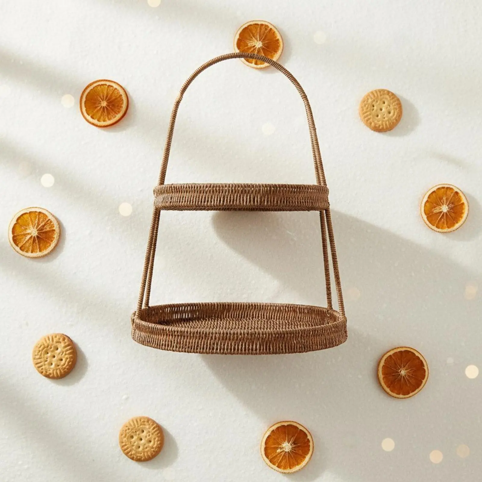 2 Tier Woven Tray Multi Layer Rattan Fruit Basket Wicker Serving Basket Easy to Clean 2-Tier Tray Boho Design for Coffee Table