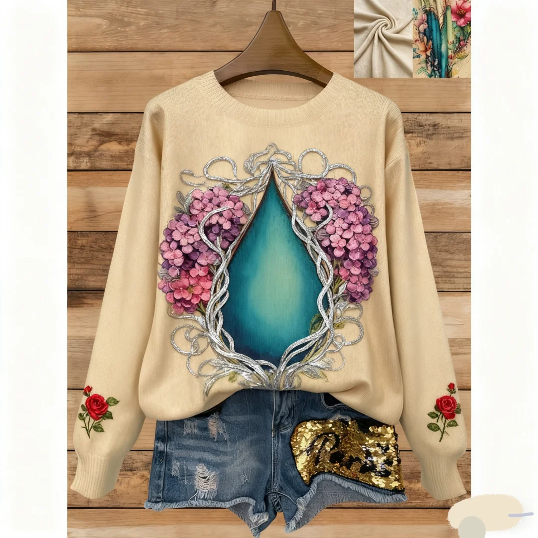 

Легкий женский свитер с принтом - яркие цветочные узоры по всей поверхности, повседневный топ с круглым вырезом и длинными рукавами