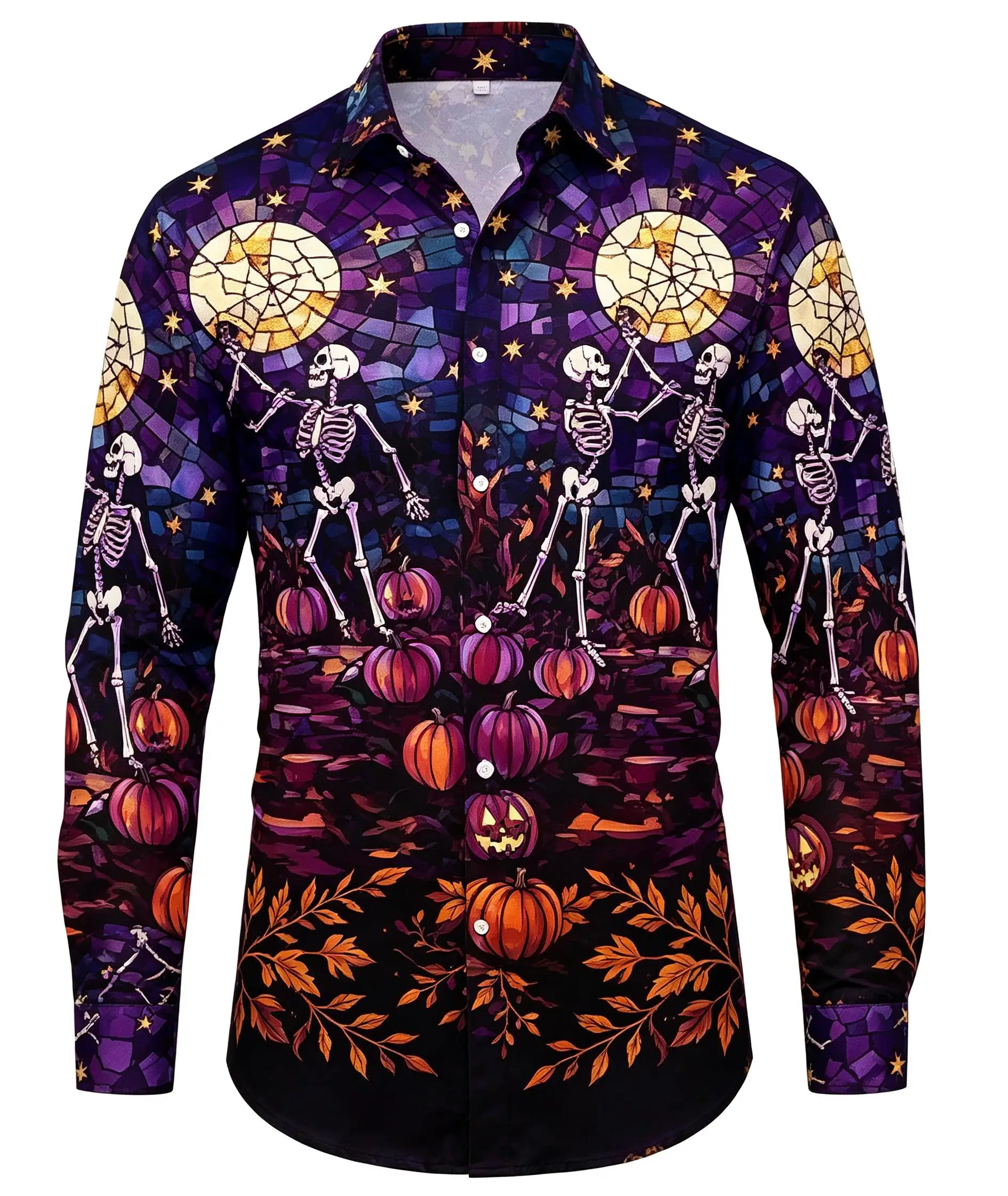 Men Long-Sleeve Button-Down Shirt Stained Glass Dancing Skeleton Pumpkin Print Polyester Lapel Collar Halloween Top