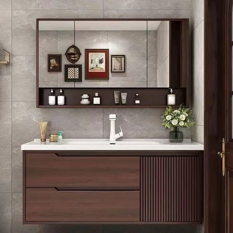 New Chinese-style retro ceramic integrated basin hand washbasin oak bathroom cabinet integrated