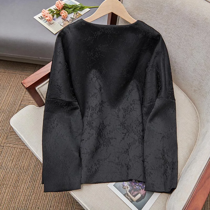 Fashionable Chinese Style Jacquard Shirt Jacket Women\'s Top Round Neck Long Sleeve Lace-up Buckle Vintage Loose Blouse Coat