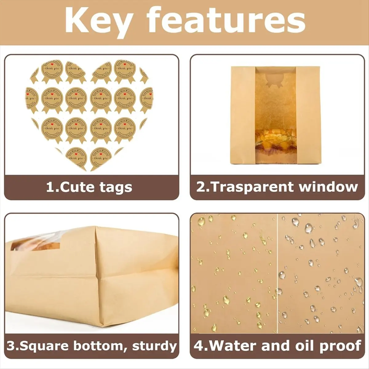 [CLOS] 50Pcs Homemade Bread Bag with Clear Window Suitable for Bakers for Packaging and Storage of Baked Goods