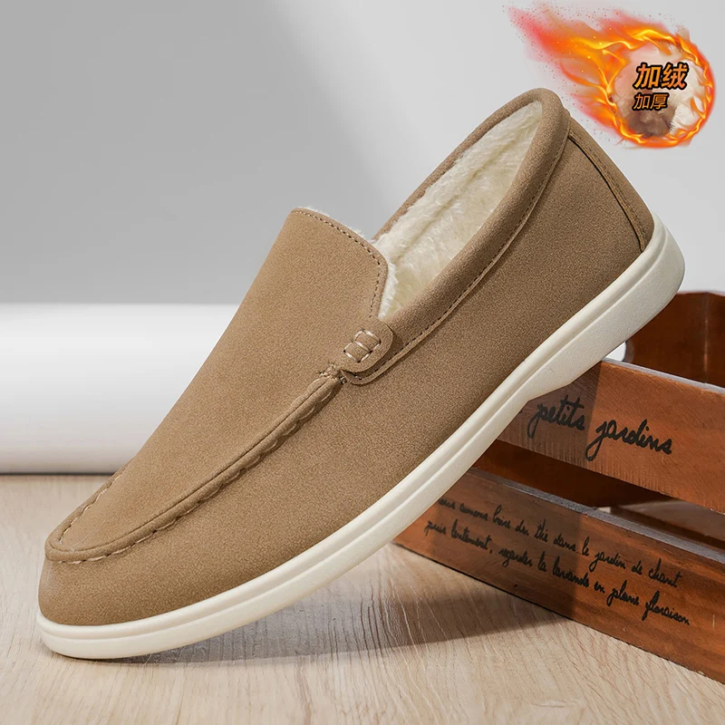 

Winter Plush Loafers Men Leather Fleece Lined Casual Boat Shoes Slip on Flats Man Moccasins Lightweight Fur Mens Driving Shoes