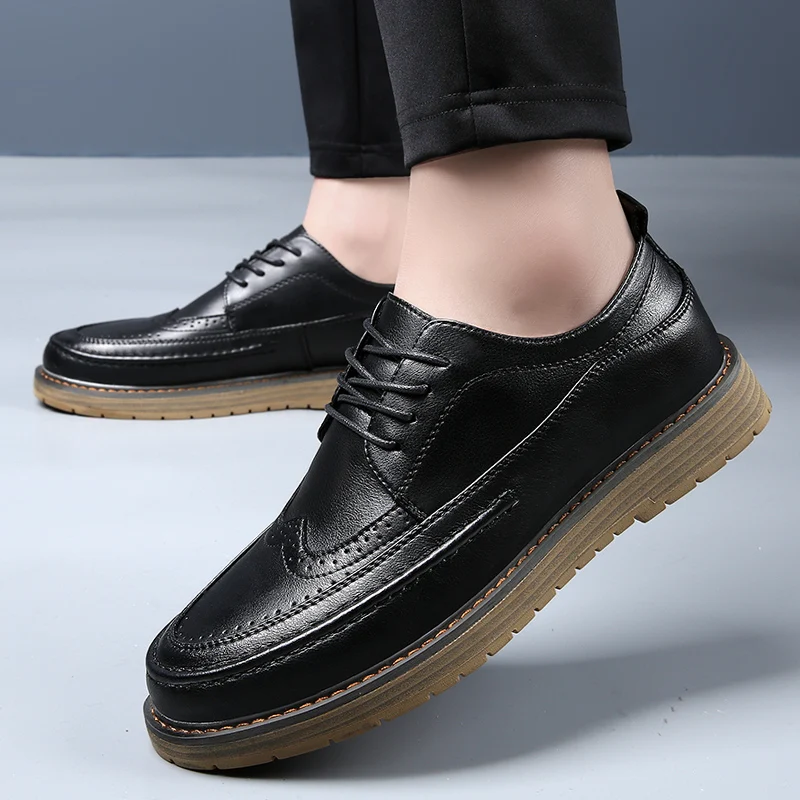 Men Black Wedding Leather Business Men Dress Round Toe Casual Youth British Style Inner Heightening Spring 2023New Arrivals Shoe