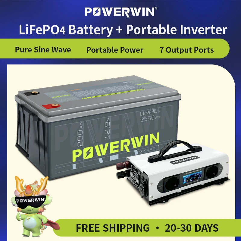 POWERWIN BT200 12,8 В, 200 Ач, 2560 Втч, LiFePO4 аккумулятор PI1200, 12 В–220 В, 1200 Вт, портативный инвертор, чистая синусоида, розетка европейского стандарта, 12 В, ЖК-дисплей