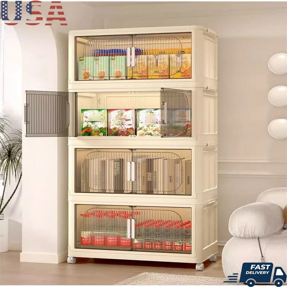 

4 Tiers Storage Organizer Collapsible Bins with Magnetic Transparent Door Durable Plastic Cabinets Living Room Kitchen Bedroom
