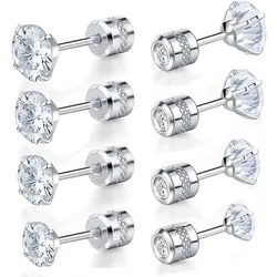 4 sets of stainless steel neutral female male double crystal zircon ear screws pierced earrings fashion non-allergic body jewelr