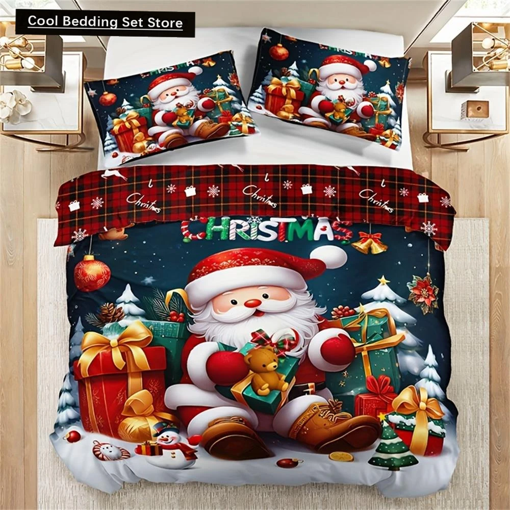 

3pcs Christmas Bedding Set - Santa Snowman Print Duvet Cover and Pillowcases, Breathable Polyester, Machine Washable - Perfect