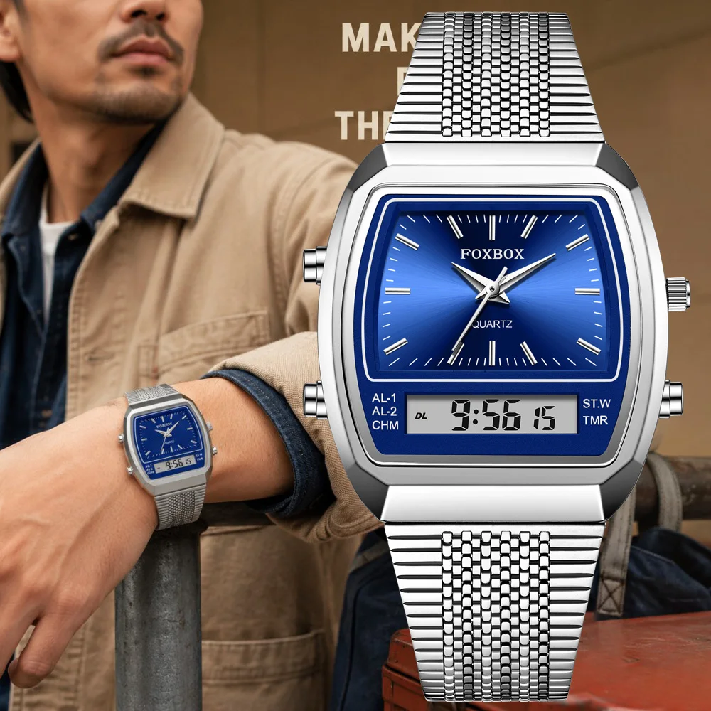 FOXBOX New Luxury Mens Watches Sports Fashion Digital Watches Men Waterproof Luminous Steel Quartz Wristwatches Reloj Hombre+BOX