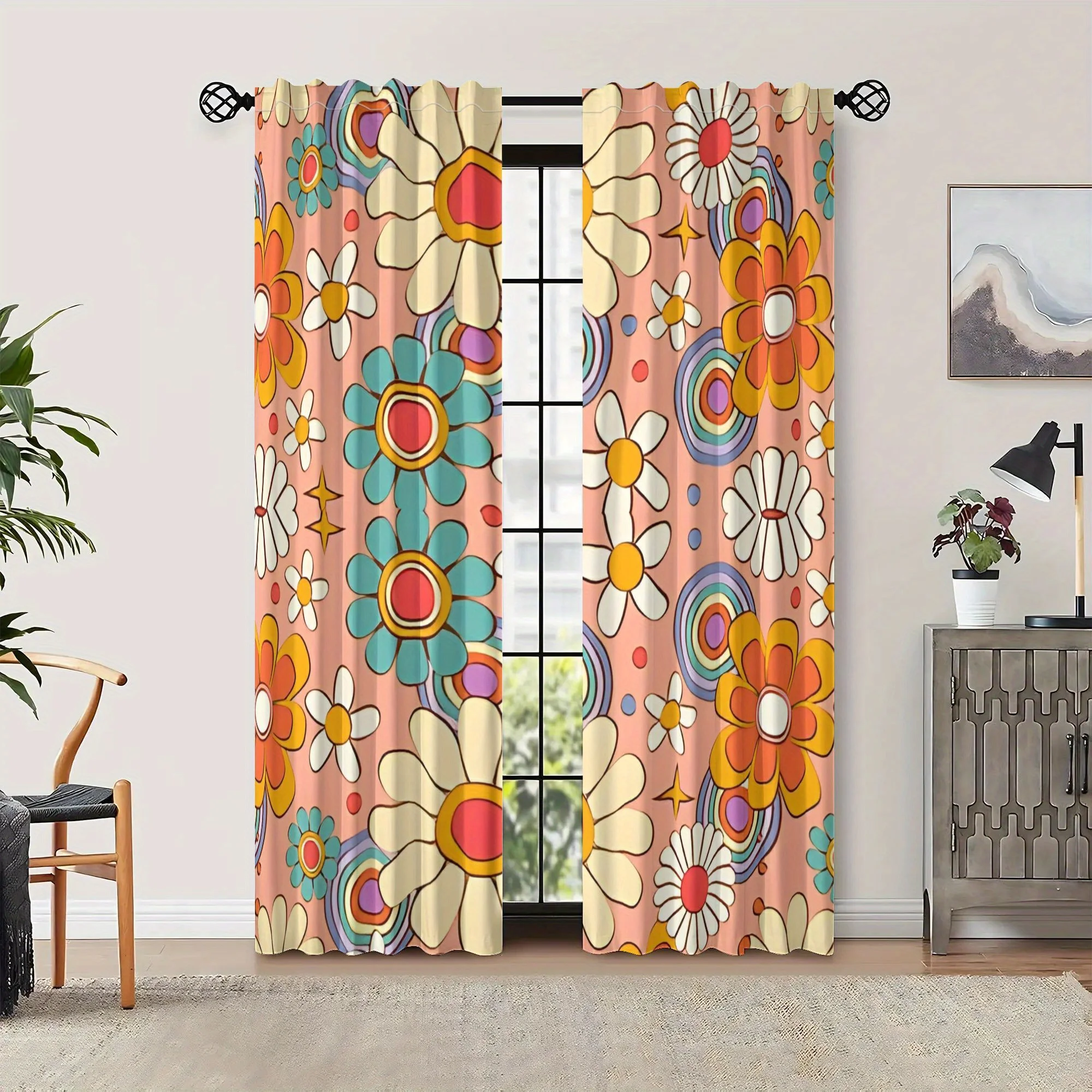 Bright Floral Print Curtains Polyester Window Drapes for Living Room Bedroom Boho Style Home Decor Privacy Shades