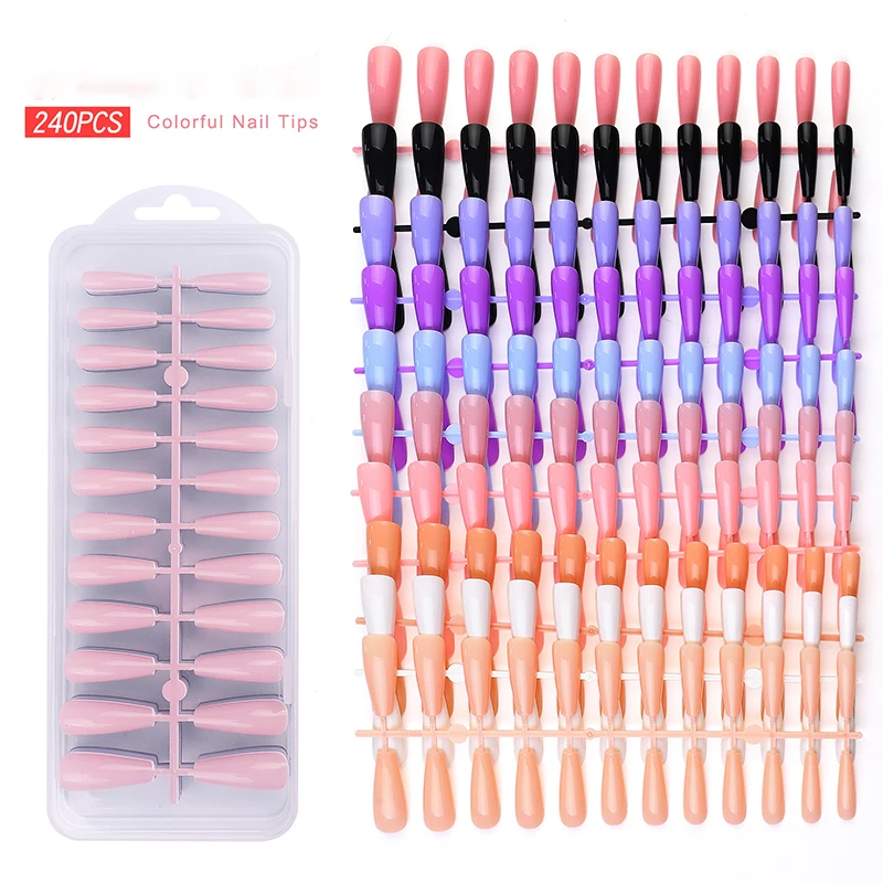 

240pcs/set Easy To Wear Multi Color False Nails Long Full Cover Press on Acrylic Nails Convenient Fake Nails Manicure Tools