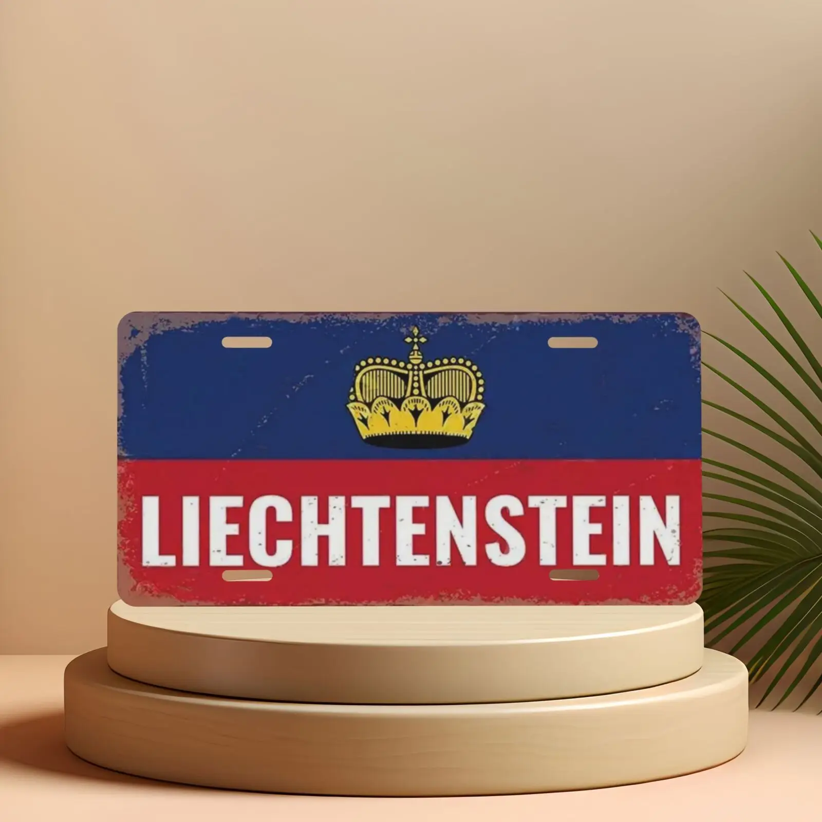 Vintage Aluminum Metal Sign Liechtenstein Flag Crown & Stripes Design Red & White With Black Text Retro Wall Art Plaque for Home