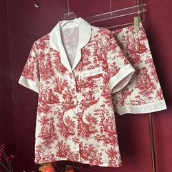 Elegant China Style Print Red Women's Pajamas Short Sleeve Shorts Simulated Silk House Clothes 2024 Summer Female Casual Lounge