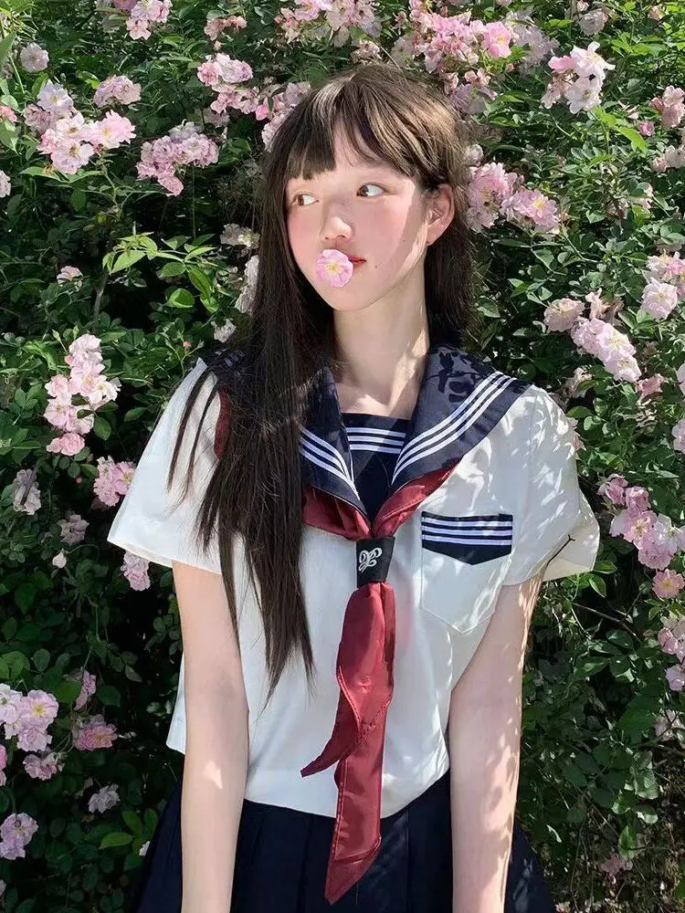 

Original JK Uniform Short Sleeve Plaid Skirt Set School Style Japanese Sailor Suit Three Pieces Student Workouts Fashionable