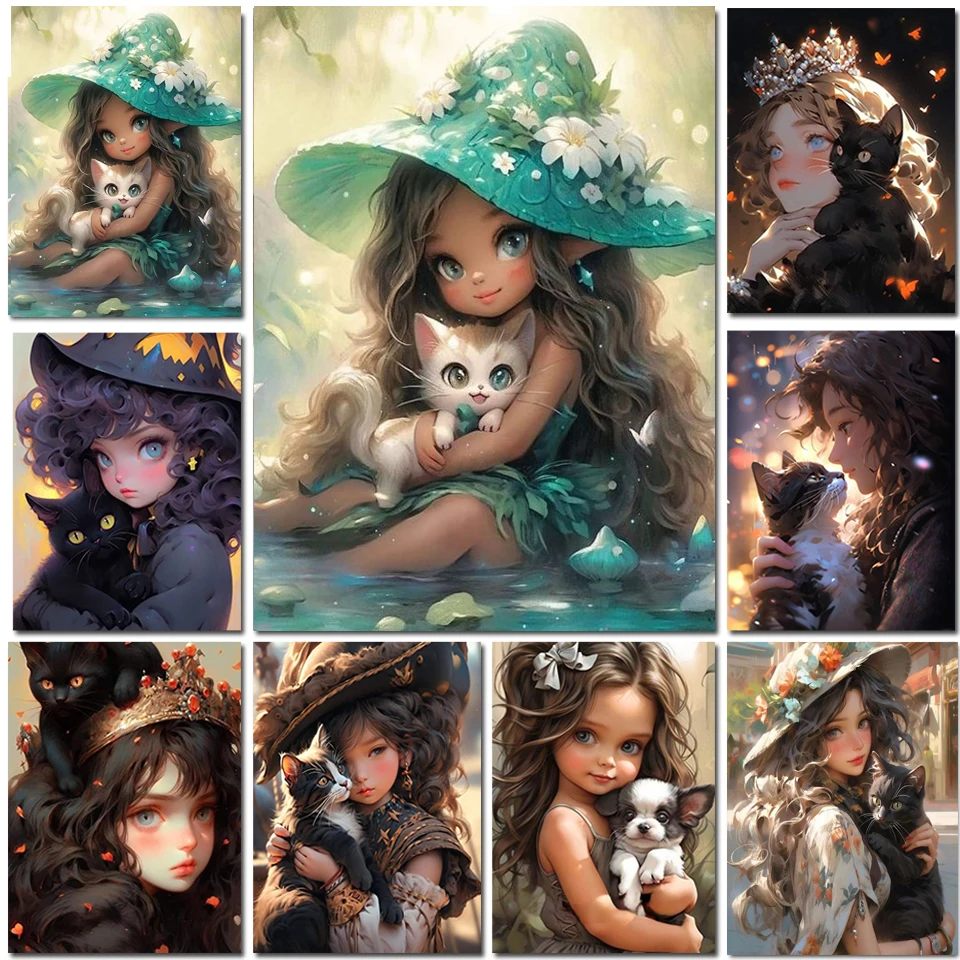 Diamond Painting Cute Girl And Cat Dog DIY Cross Stitch Embroidery Sets Full Round/Square Diamond Mosaic Portrait Decor W32