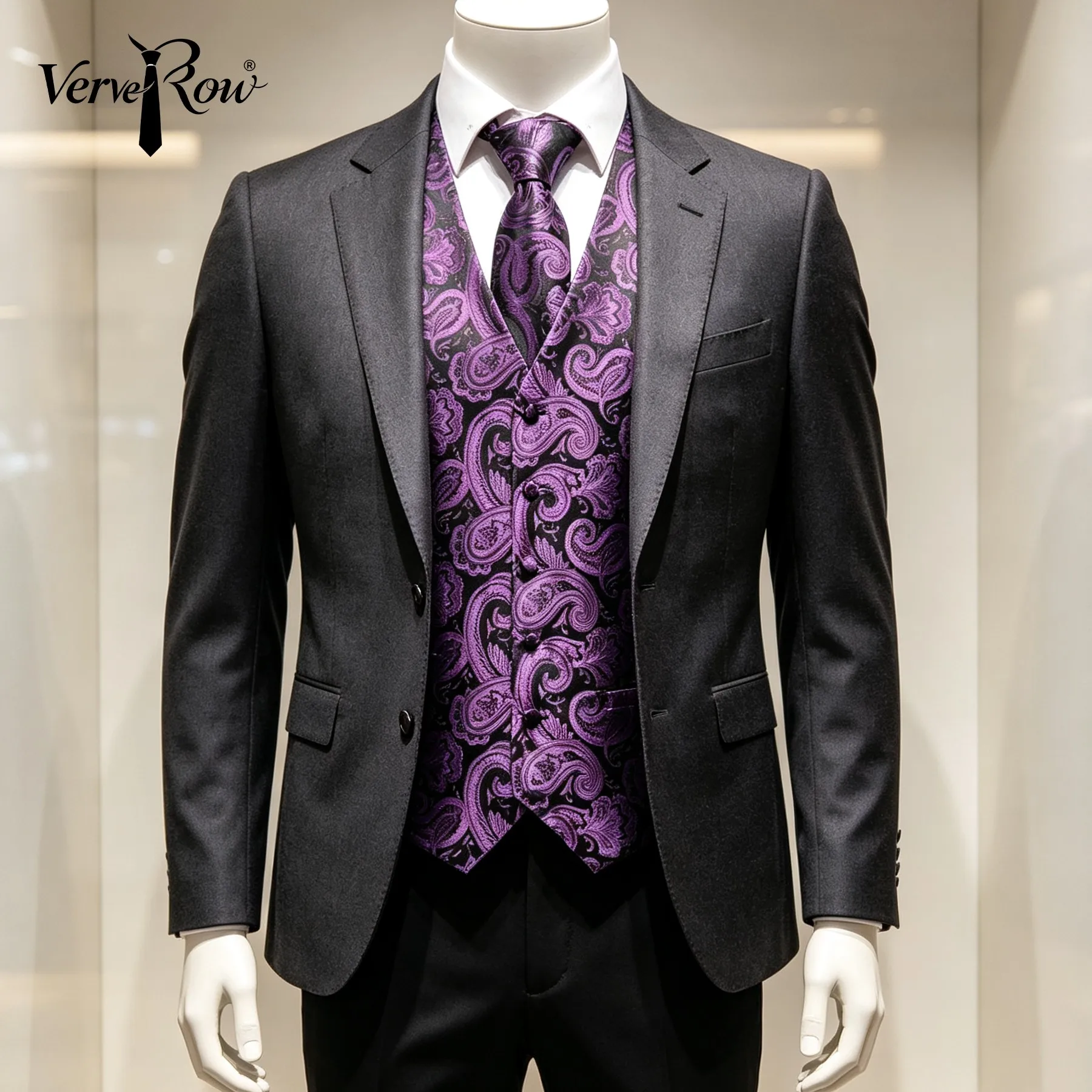 VERVEROW Purple Paisley Printed Waistcoat Tie Pocket Square Set for Wedding Party Elegant Luxury Men Formal Outfit 3PCS