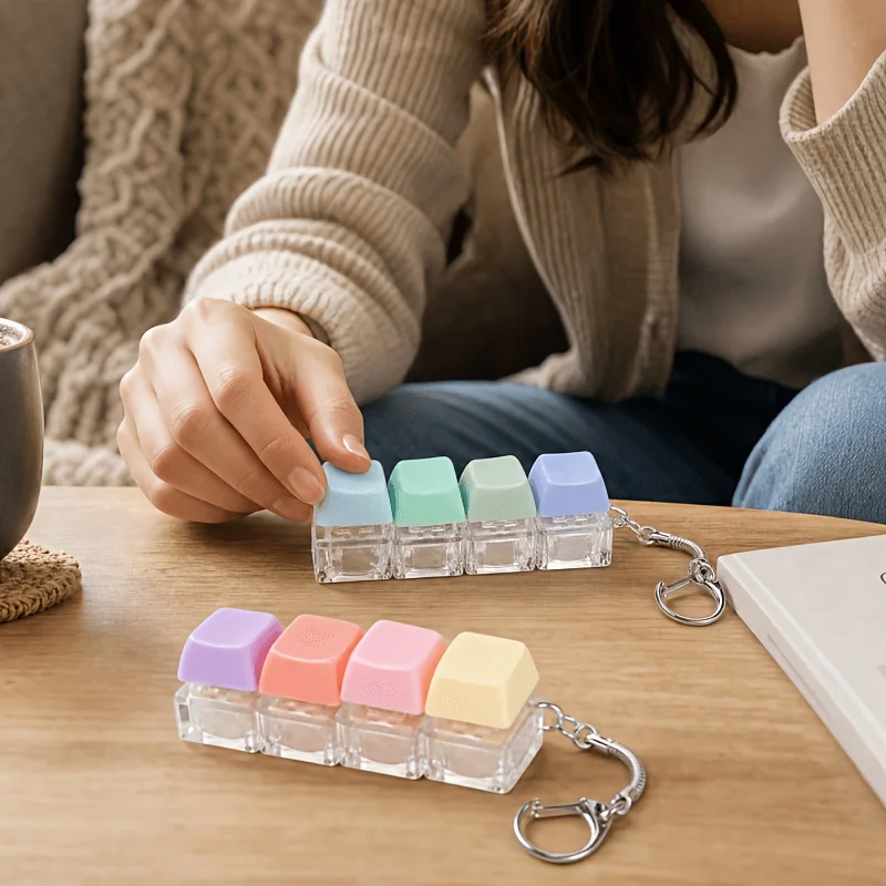 1Stress-Relief Keychain Fidget Toy，Keyboard Key Design，Finger Pressing the Key Ring，Calming Gadget，Random Color，Focus and Relaxa