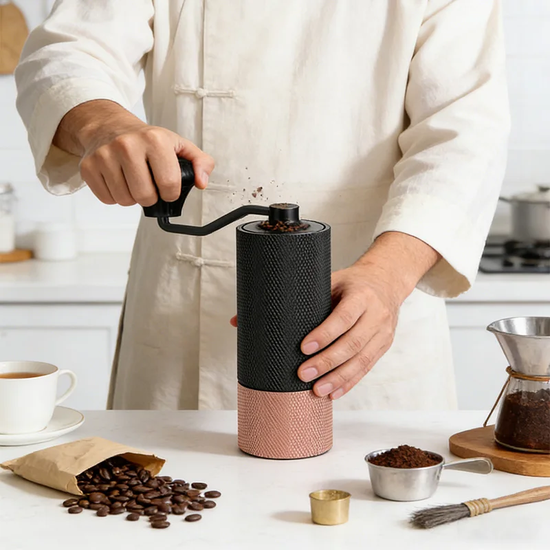 Portable Hand Crank Manual Coffee Grinder Chestnut Aluminum Shell Stainless Steel CNC Processing Axis Burr Coffee Mill