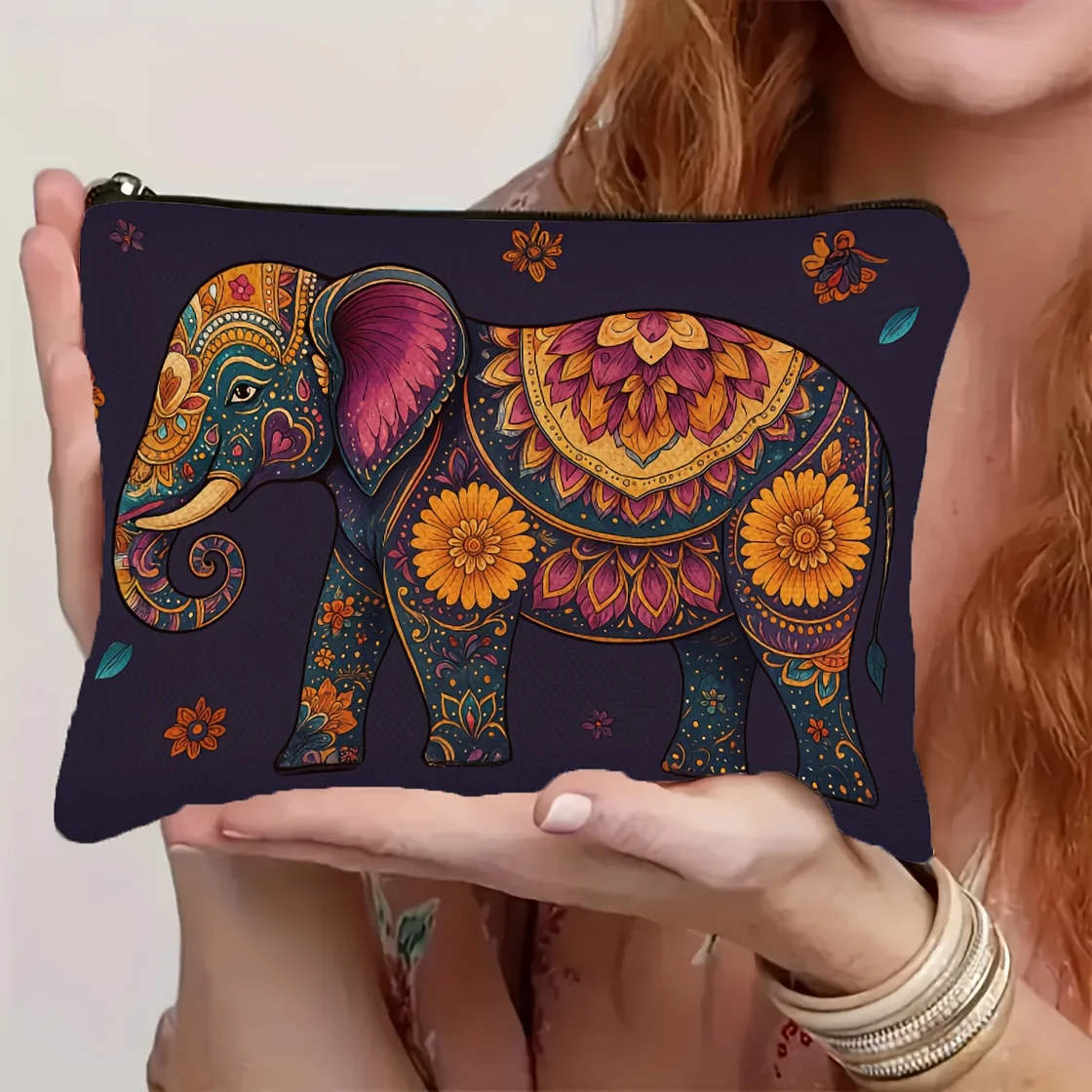 

A Purple Elephant Patterned Makeup Bag- Multifunctional Zipper Pouch, Jewelry Storage Bag, Perfect Travel Zipper Small Storage B