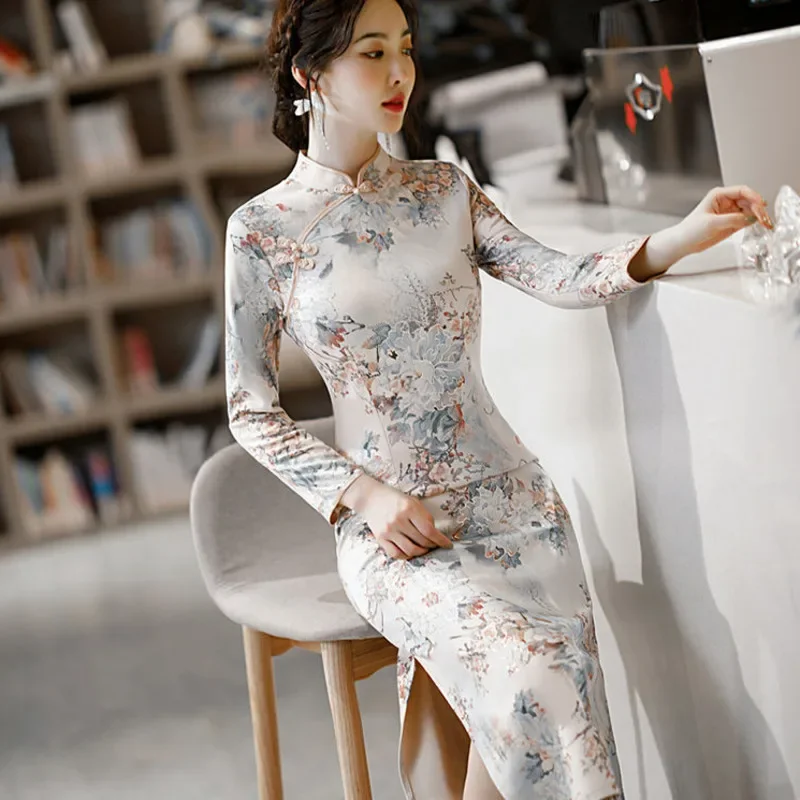 

Orientale Traditional Vestido Chino Long Sleeve Autumn Cheongsam New Vintage Slim Qipao Women Hanfu Chinese Dress Robe