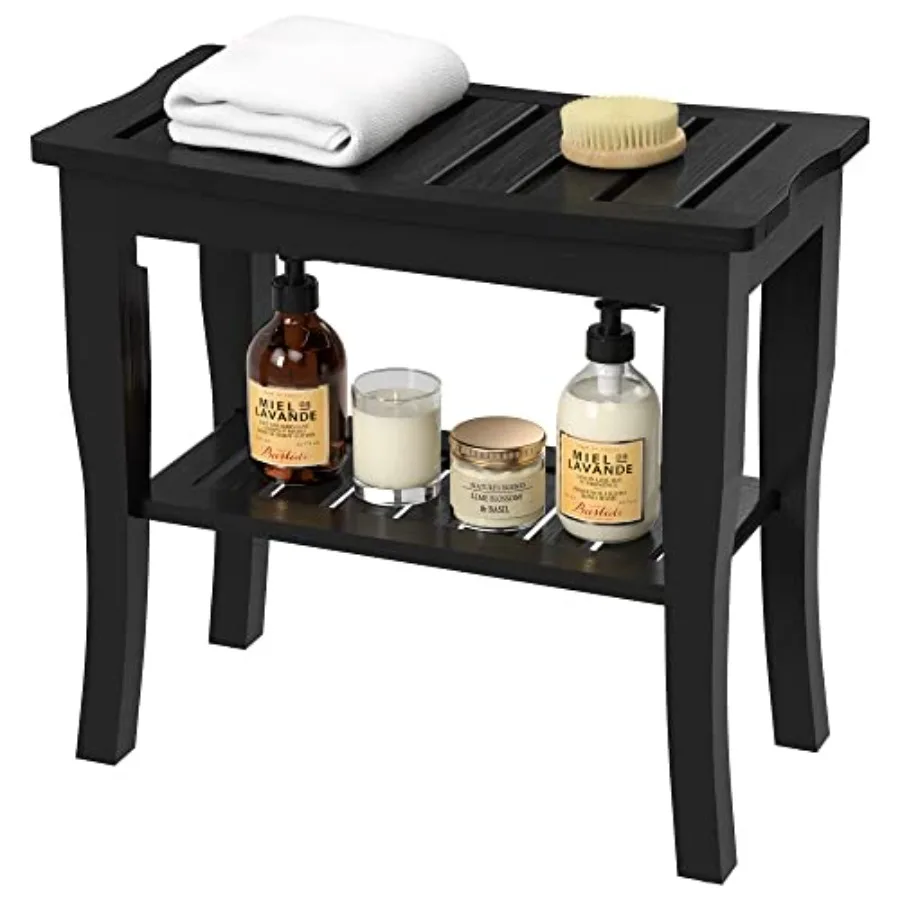 

Bamboo Shower Benches for Inside Shower - Bathroom Bench Seat Waterproof Wooden Shower Stool with Storage Shelf for Adults Elde