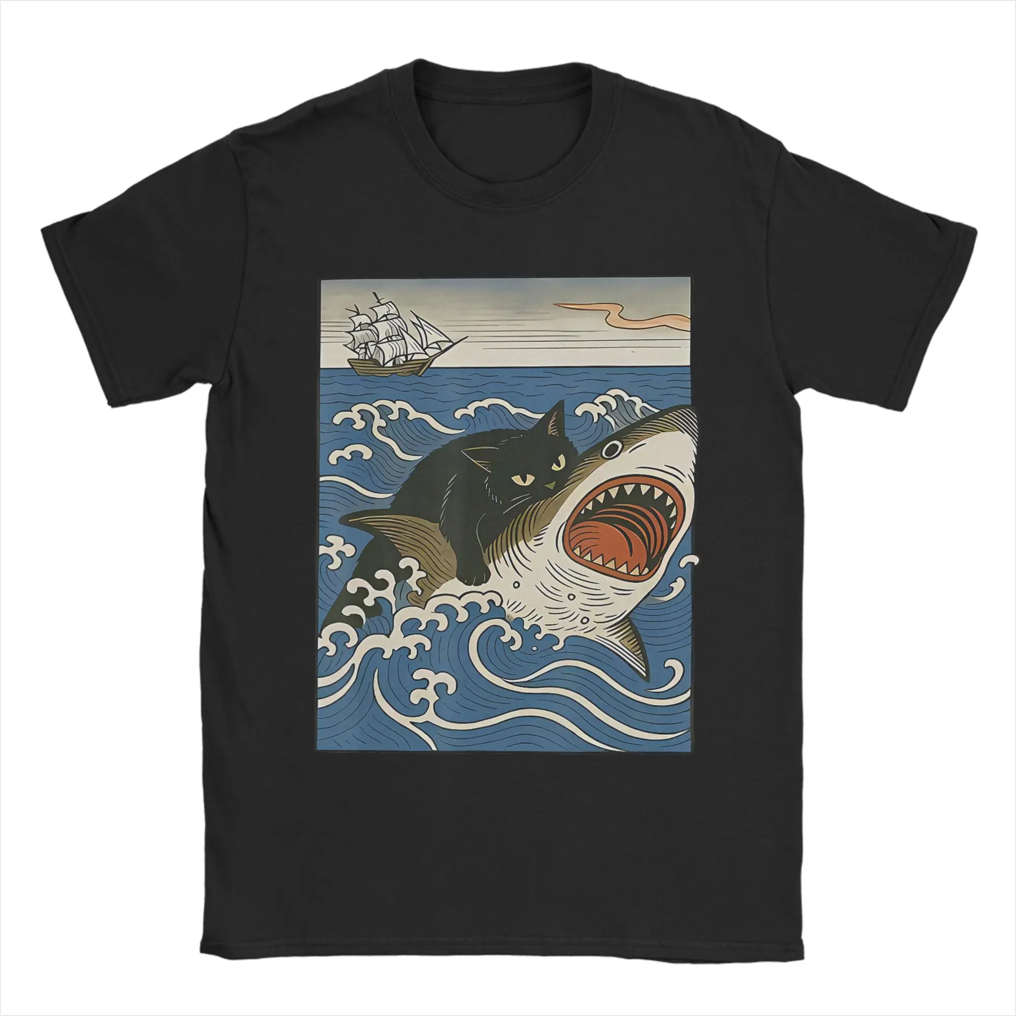 Fashion Cat Hunting Shark T-Shirt Men Round Collar Cotton T Shirt  Short Sleeve Tees Plus Size Tops