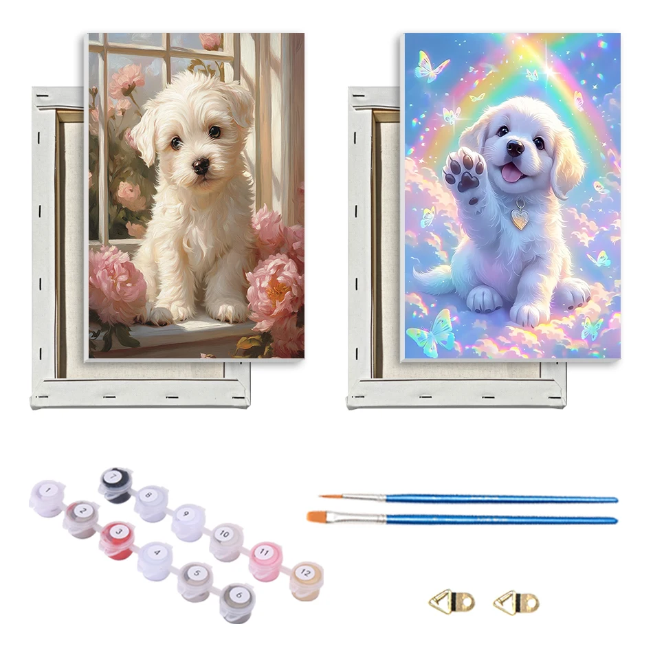 

SDOYUNO Painting Paints By Numbers Easy Draw For Beginner white dog Animals 20x30cm With Frame Watercolor Crafts Canvas Wall Art