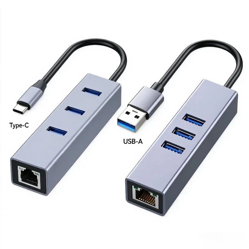 USB 3.0 HUB Gigabit Ethernet Adapter Aluminum Alloy 4‑in‑1 Type‑C USB‑A RJ45 1000Mbps Lan Hub For Laptop Notebook Computer
