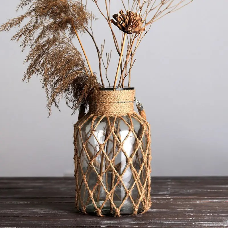 1 Stück Bohemian Vintage Kreative Handgewebte Netz-Tasche mit Klarglasvase, Tragbare Blumen-Hydrokultur-Vase als Dekorative Verzierung