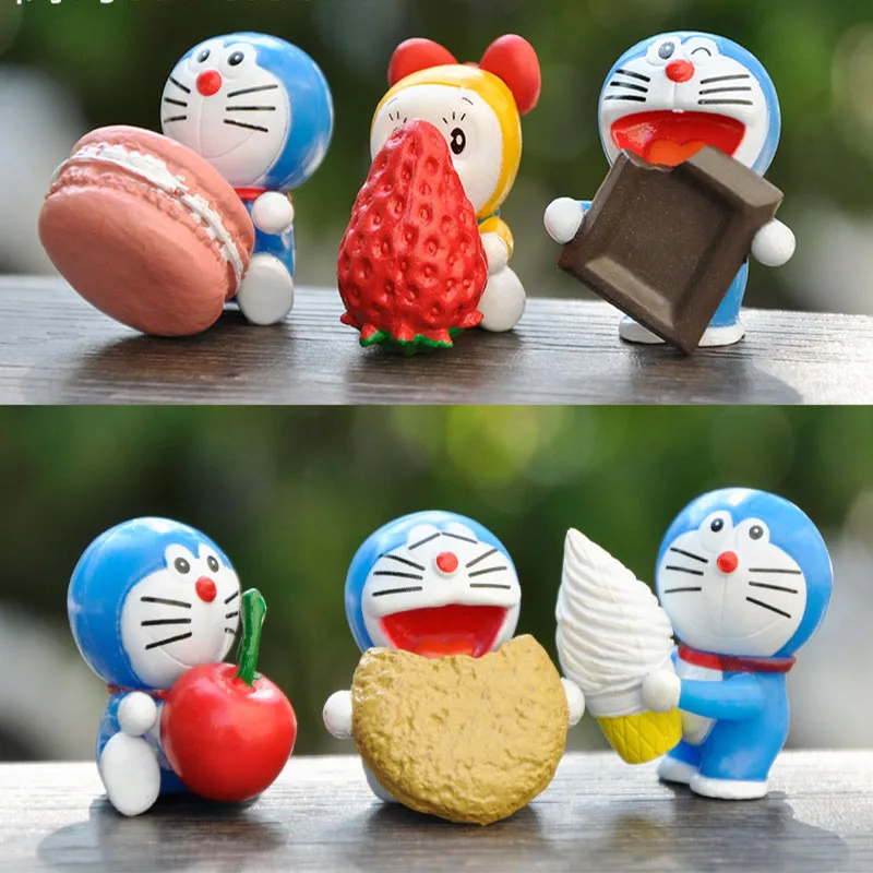 6 uds Doraemon helado fresa Donuts Kawaii versión Q coche en miniatura decoración de pasteles PVC figuras de acción GK modelo Hobby Juguetes