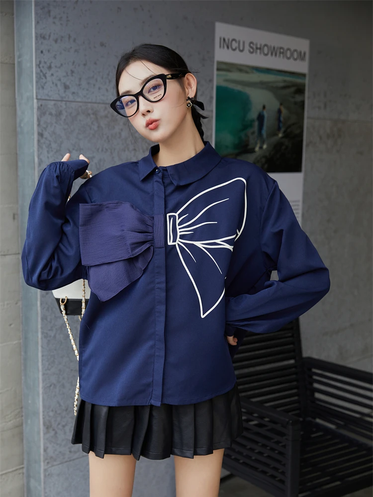 CHEERART Bow Blue Long Sleeve Kawaii Shirt For Women Korean Fashion Cute Peter Pan Collar Blouse Japanese Kawaii Clothing