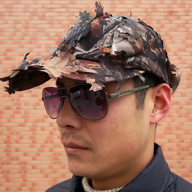 Camouflage Hat Outdoor Hunting Cap Jungle Forest Hiding Blind Leaves Sniper Hat Fishing Hat Bird Watching Camo Cap 3D Bionic