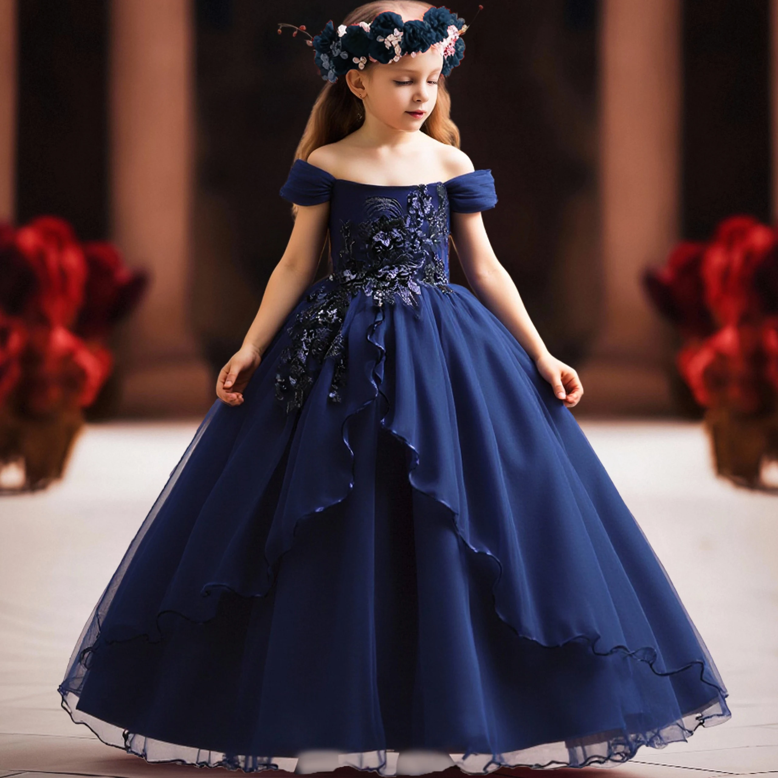 

Formal Flower Party Dress for Girls Christmas Costume Embroidery Bridesmaids Wedding Princess Girls Dress Tutu Host Kids Clothes