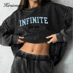 Hirsionsan Retro Washed Long Sleeve Women sweatshirt Loose Oversized Streetwear Print Pullovers Autumn Female Cotton Couple Tops