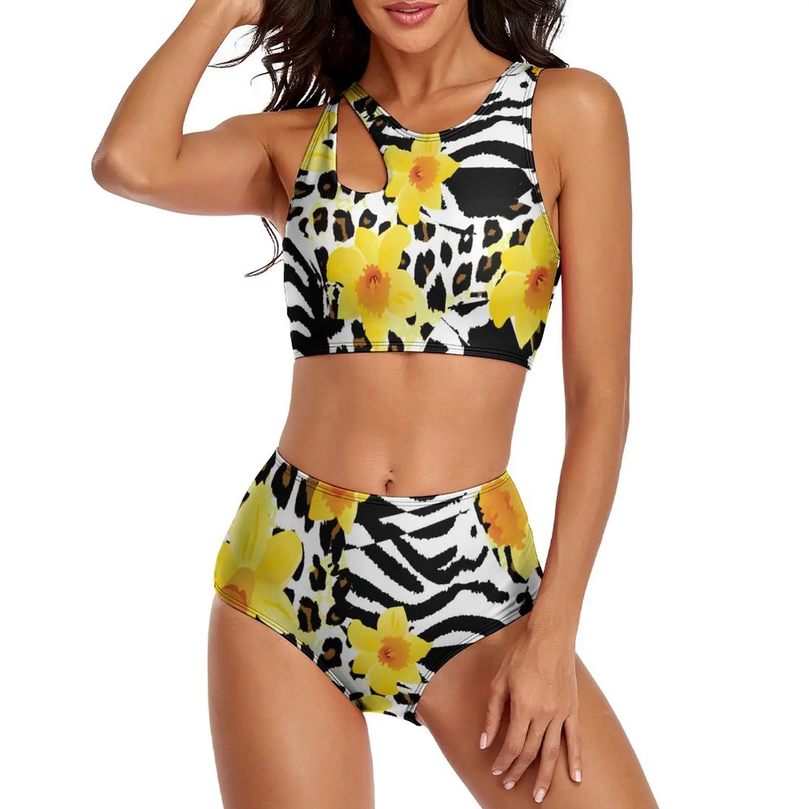 

Black Leopard Bikini Swimsuit Sexy Flowers Print High Waist Bikini Set 2 Pieces Design Swimwear Push Up Beach Feminine Bikinis