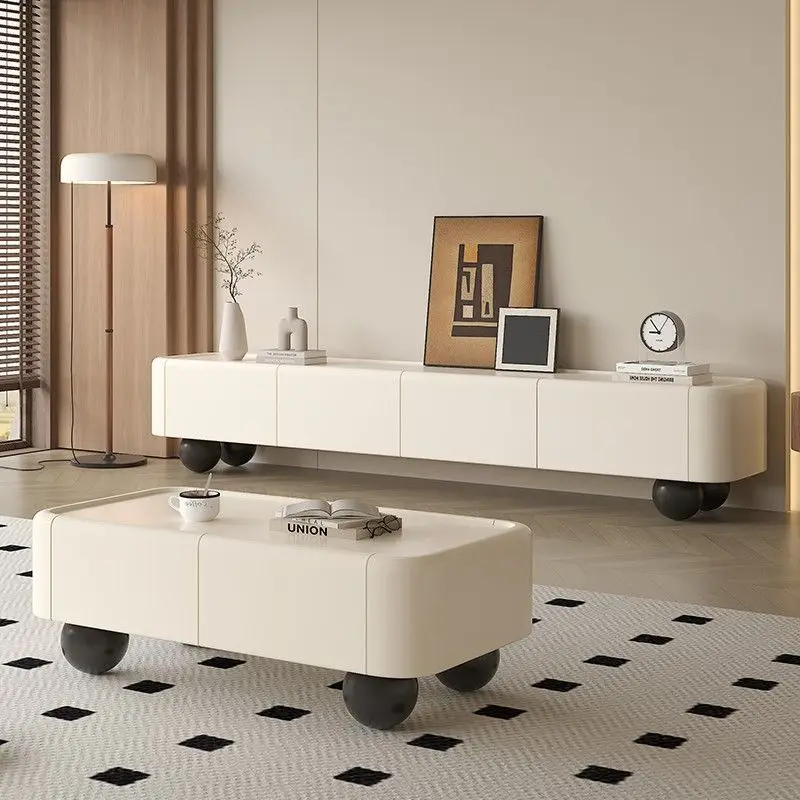 Cream wind floor TV cabinet coffee table combination living room household small apartment French medieval solid wood