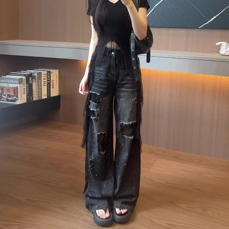 new spring summer collection high-waisted fully diamond-encrusted light luxury jeans petite women also features wide-leg pants
