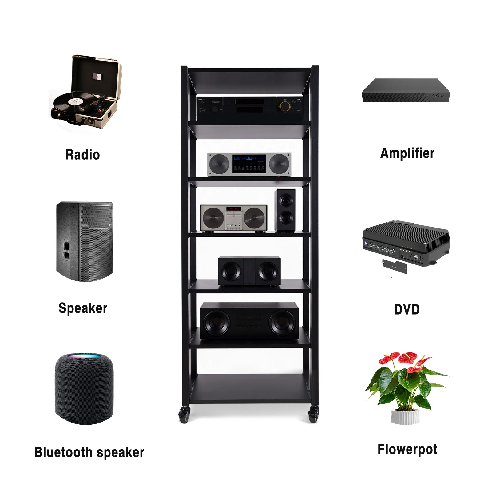 Amplifier Rack with Wheel Audio-Video Shelving Adjustable Media Storage Shelf for CD Record Player Stereo Receiver AV Equipment