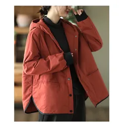 2023 New Arrival Autumn Winter Women Loose Fit Casual Long Sleeve Hooded Collar Parker All-matched Single Breasted Coat V763