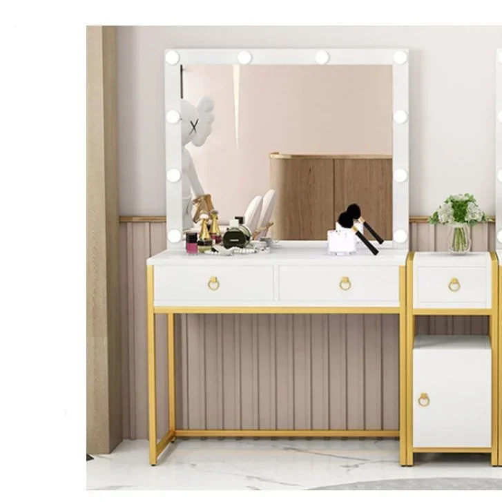 Luxury Dressing Table Hollywood Makeup Table Vanities White With Gold Legs