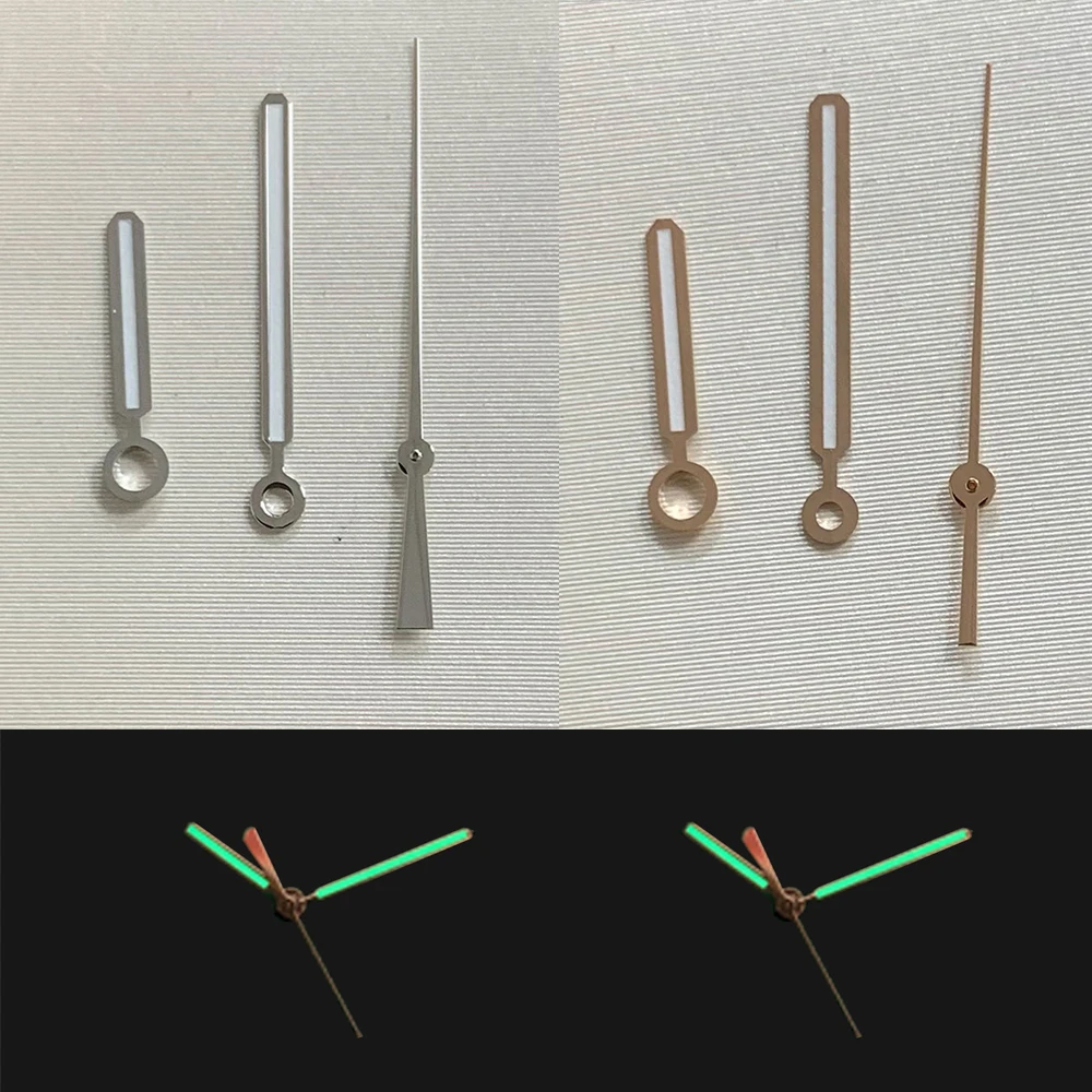 عقارب ساعة مضيئة باللون الأخضر لحركة NH35 مؤشرات ساعة فضية/وردية لساعة اليد ذات الطلب 31.8 مللي متر جزء معدل