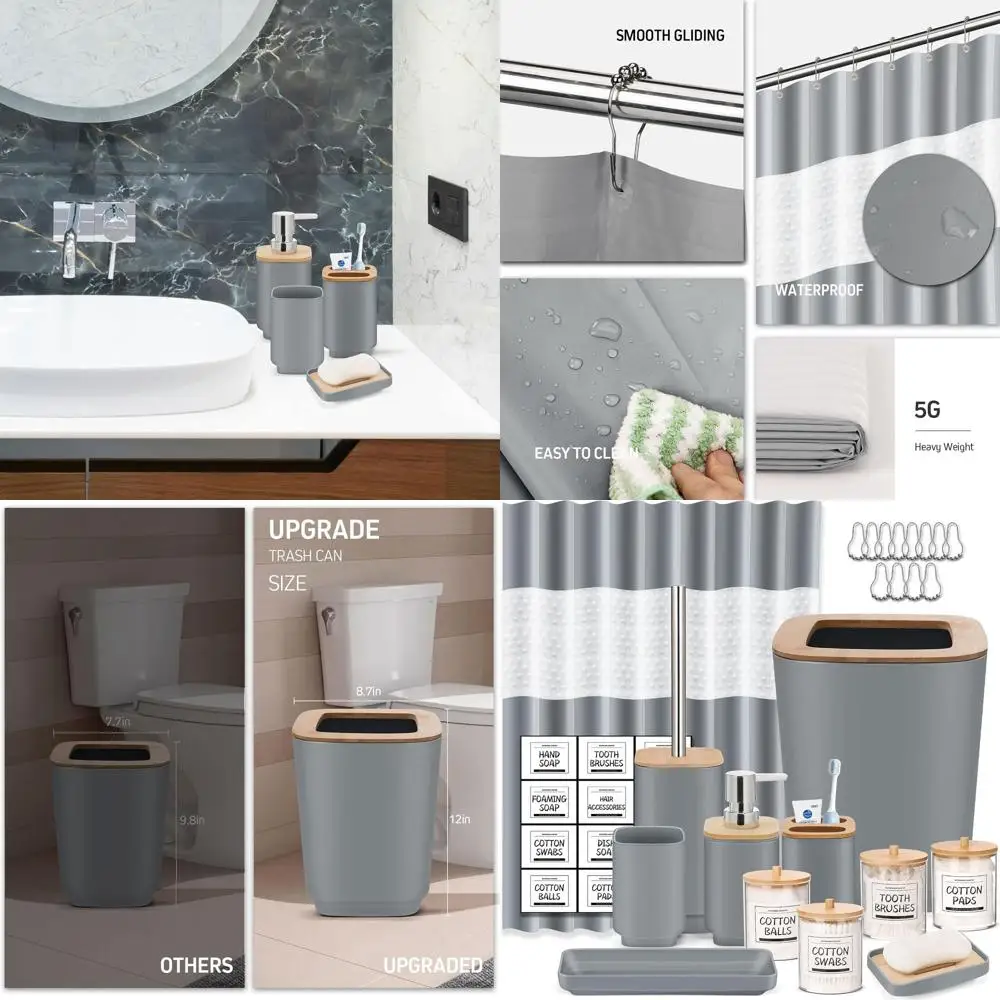 

24-Piece Grey Bathroom Accessory Set with Shower Curtain and Trash Can for Home Decor and Gifts