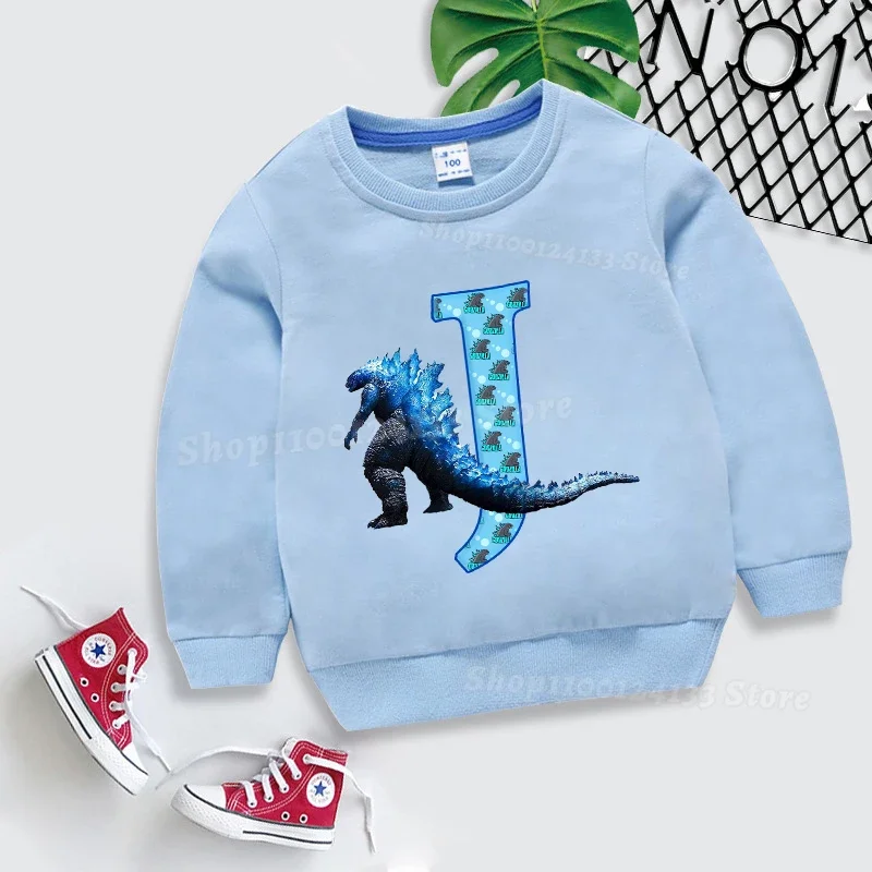 Godzilla Childern Spring Pullover Sweatshirt Letter A-Z Movie Cartoon Print Baby Thin Cotton Clothing Long Sleeve Tops Boys Gift