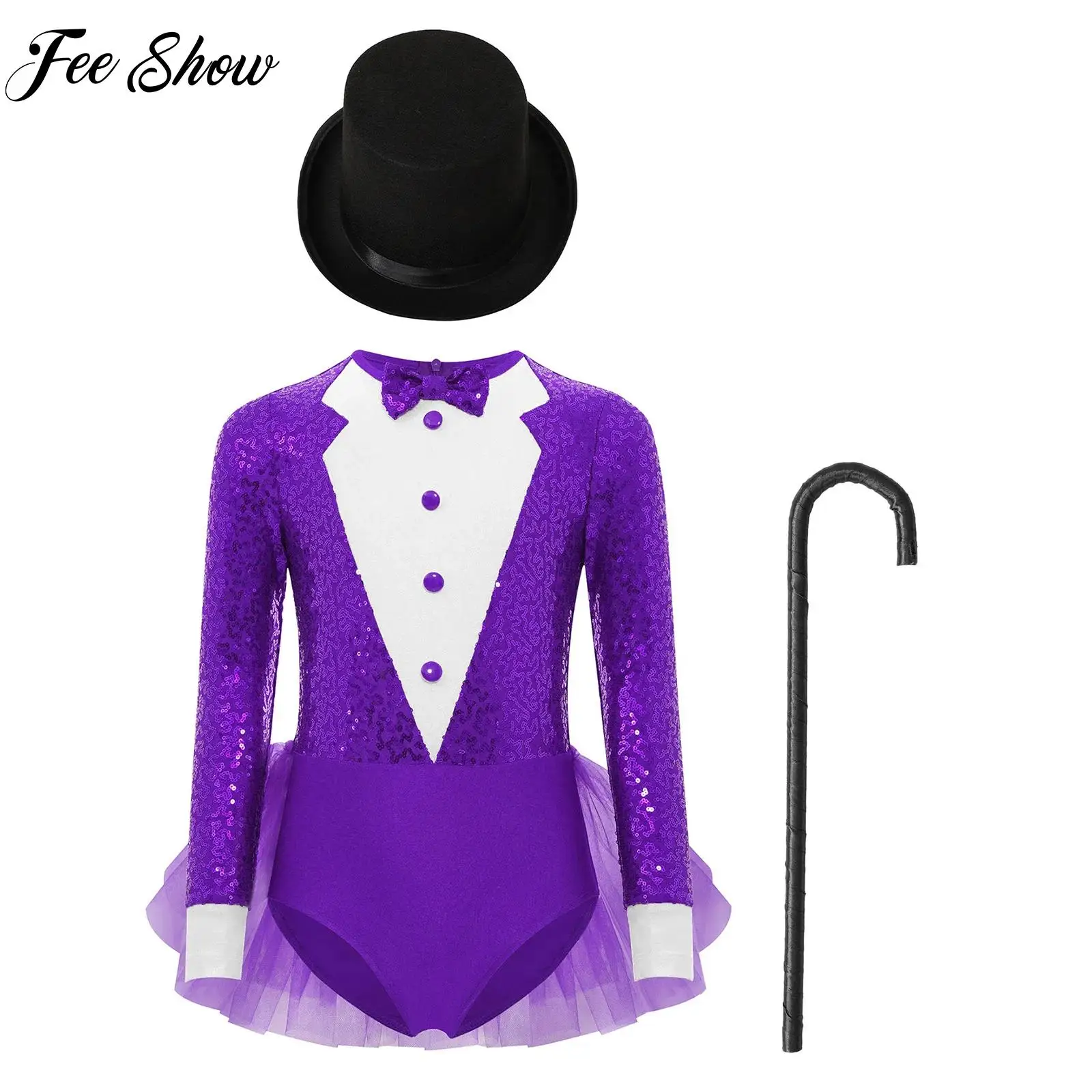 

Sparkly Sequins Jazz Dance Stage Performance Outfit for Girls Kids Magician Outfit Long Sleeve Halloween Magician Cosplay Outfit