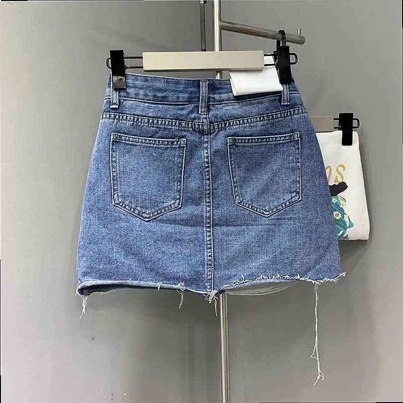 Women's Distressed Denim Skirts Irregular Hem Washed Frayed Jean Skirts Shorts