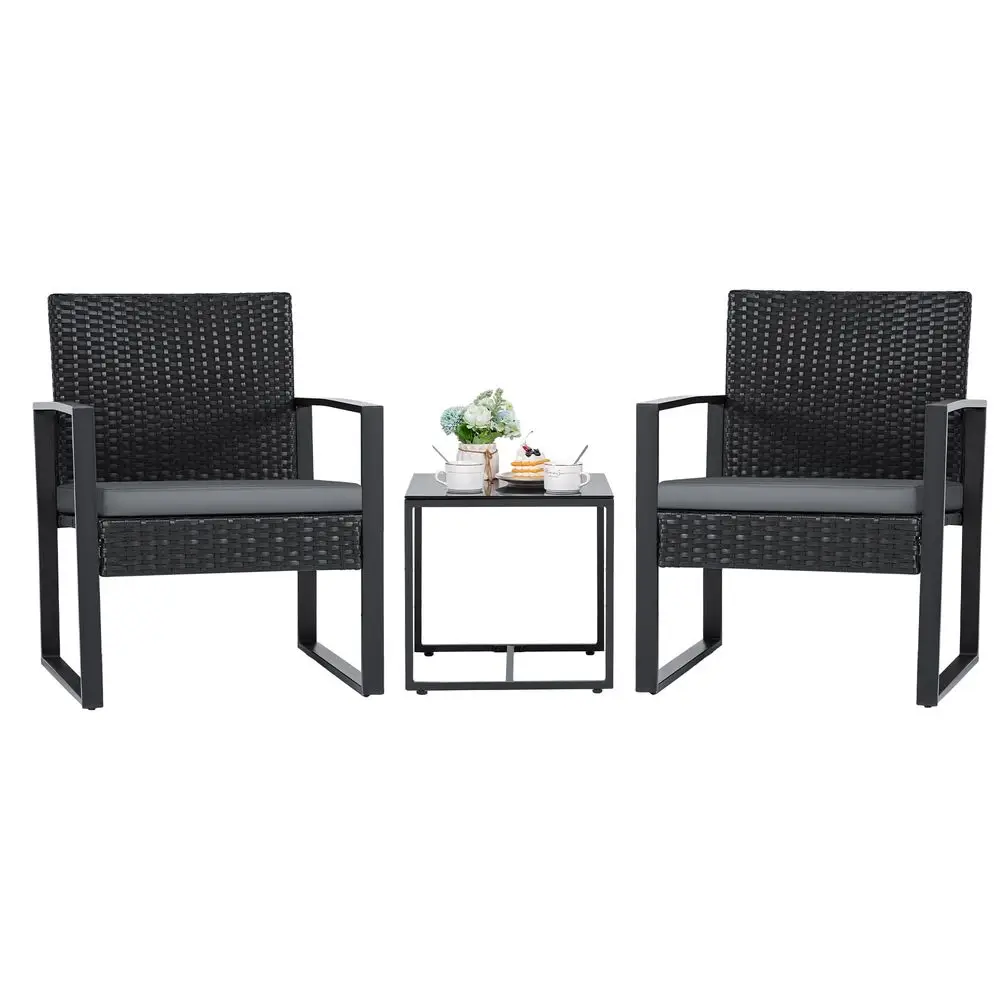 

3 Pieces Patio Set Outdoor Wicker Furniture Modern Bistro Rattan Chair Conversation Sets with Coffee Table for Yard Grey
