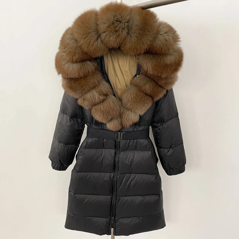 2025 nuevo abrigo de plumón de pato blanco cálido y grueso Natural 90% chaqueta larga de invierno para mujer Real piel de zorro grande cinturón con cuello Parka acolchada suelta A8