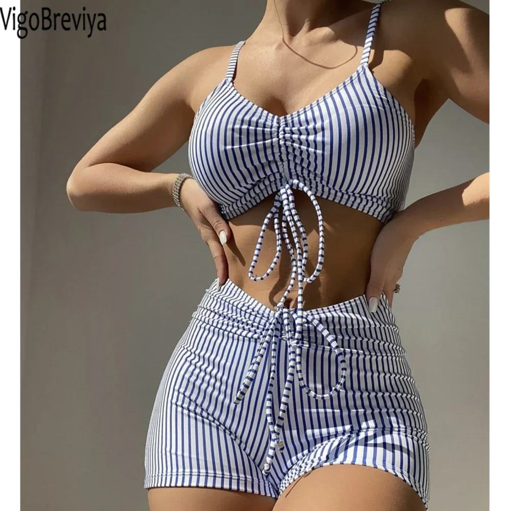 VigoBreviya 2025 полосатый купальник на бретелях женский сексуальный комплект бикини с высокой талией пуш-ап купальник с открытой спиной летний пляжный купальный костюм