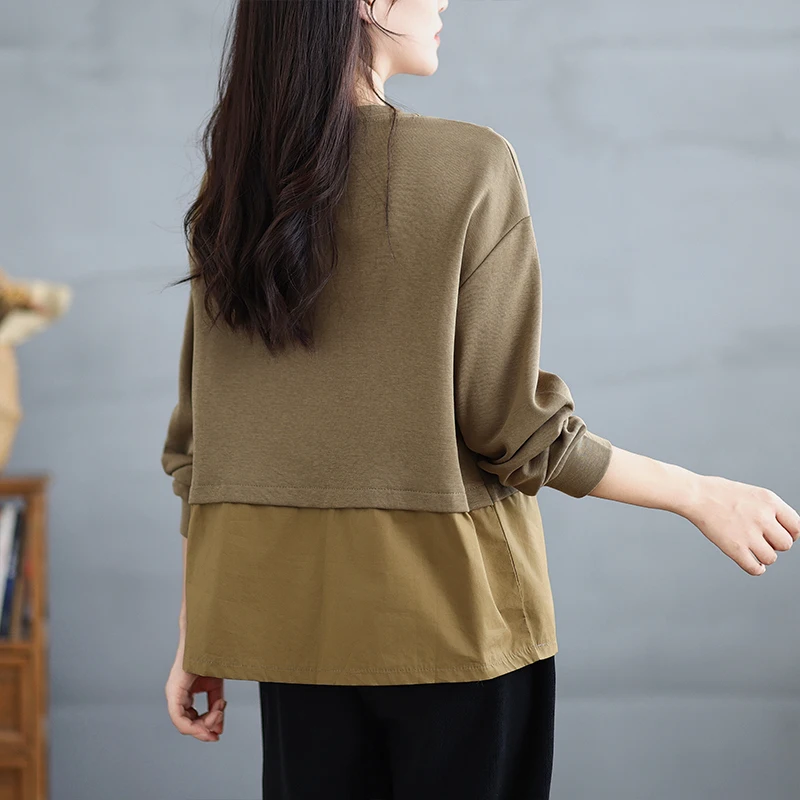 Faionable Allentato Casual irt Donna Inizio Autunno 2025 Nuovo Patchwork Colore Blo Felpa con Grandi kets Top da Donna